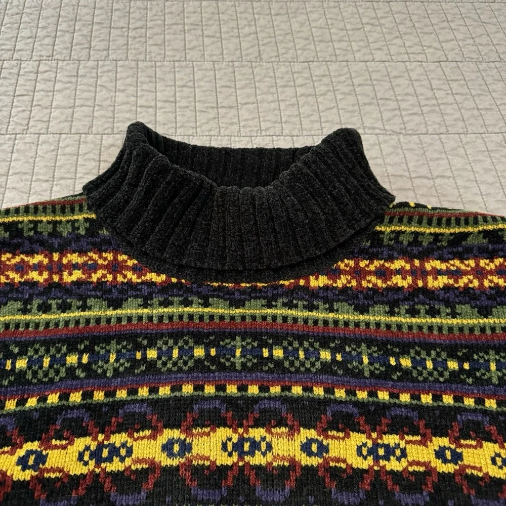 Vtg Y2K Fair Isle Turtleneck Sweater Women's Medium‎ Colorful Cozy Knit Nordic